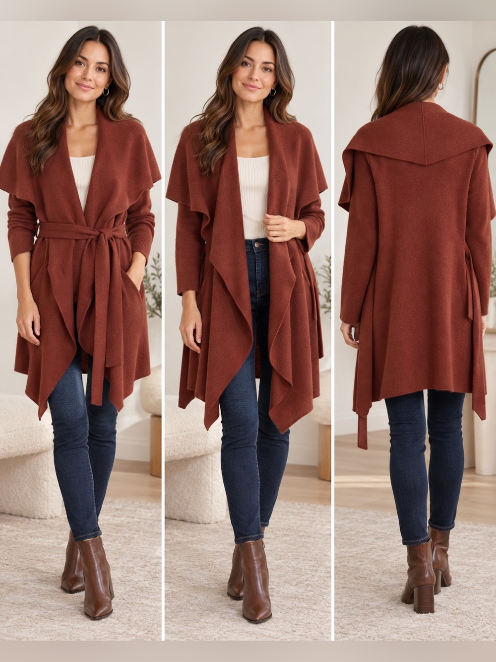 Cuyana Wool Cashmere Belted Wrap Cardigan Coat Rust M/L Italy